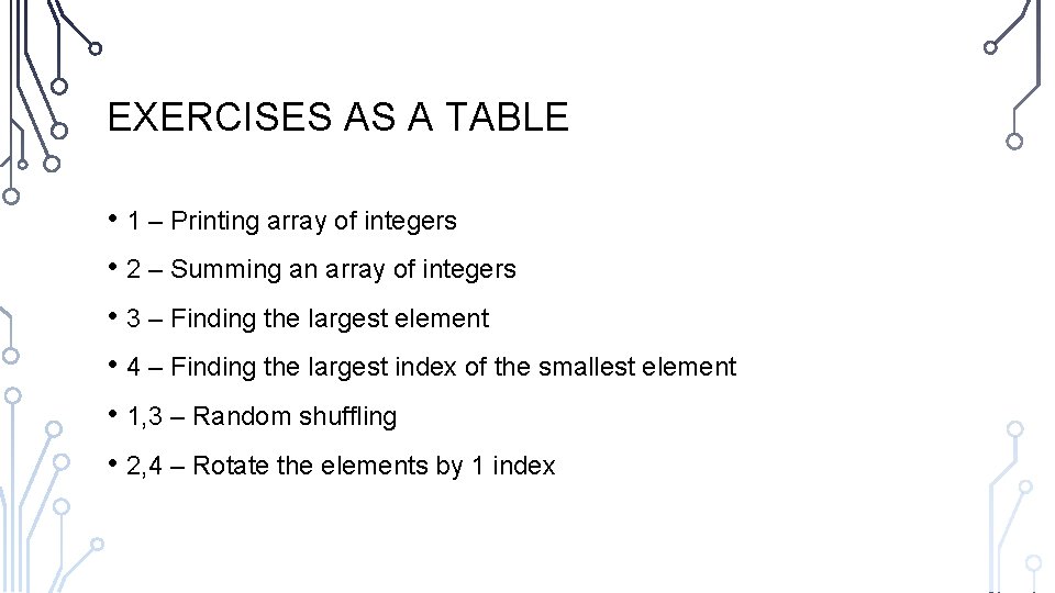 EXERCISES AS A TABLE • 1 – Printing array of integers • 2 –