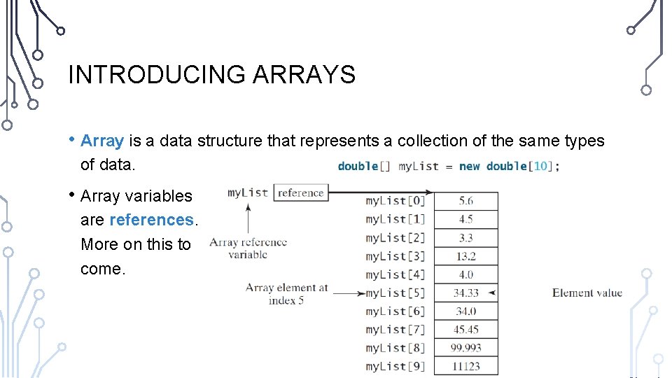 INTRODUCING ARRAYS • Array is a data structure that represents a collection of the