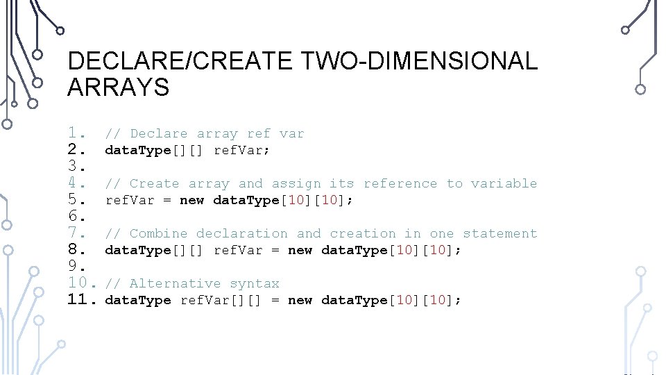 DECLARE/CREATE TWO-DIMENSIONAL ARRAYS 1. 2. 3. 4. 5. 6. 7. 8. 9. 10. 11.