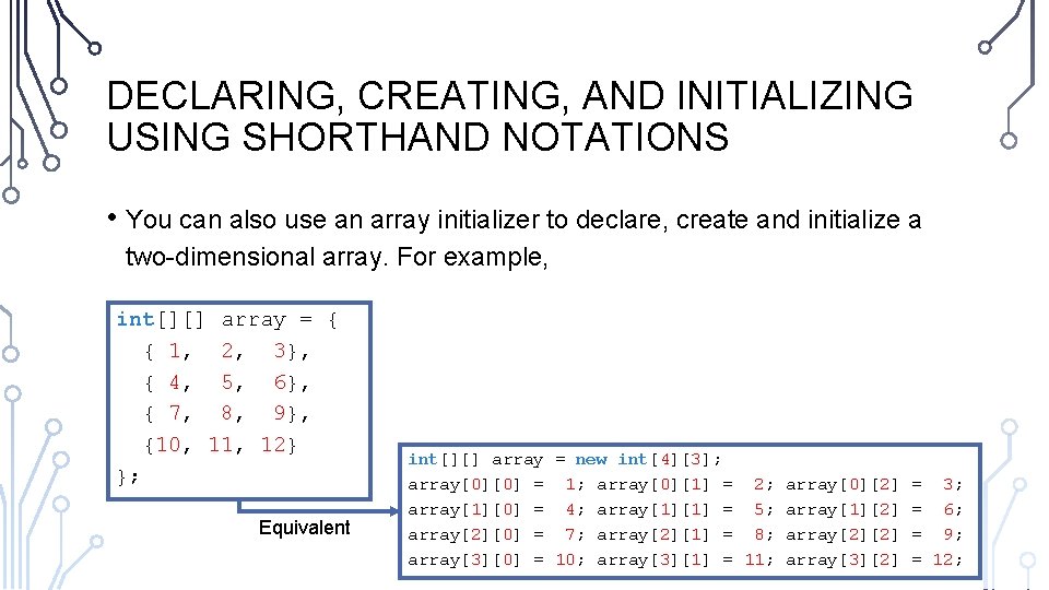 DECLARING, CREATING, AND INITIALIZING USING SHORTHAND NOTATIONS • You can also use an array