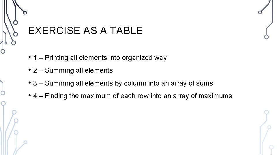 EXERCISE AS A TABLE • 1 – Printing all elements into organized way •