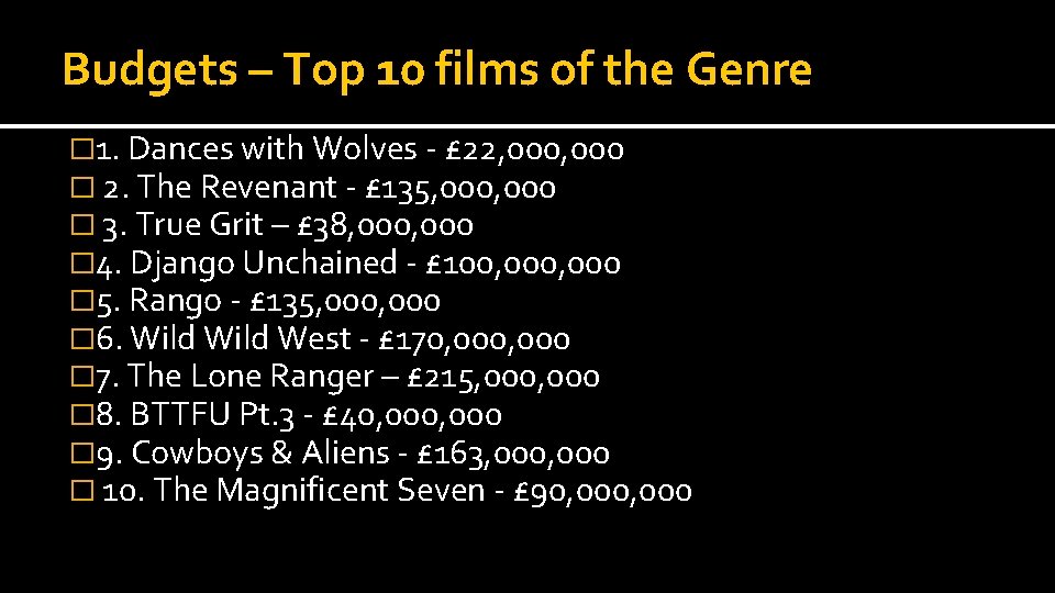 Budgets – Top 10 films of the Genre � 1. Dances with Wolves -