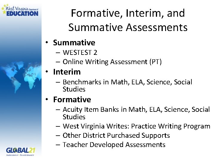 Formative, Interim, and Summative Assessments • Summative – WESTEST 2 – Online Writing Assessment