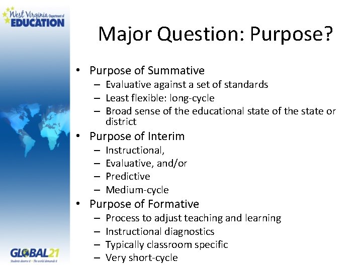 Major Question: Purpose? • Purpose of Summative – Evaluative against a set of standards