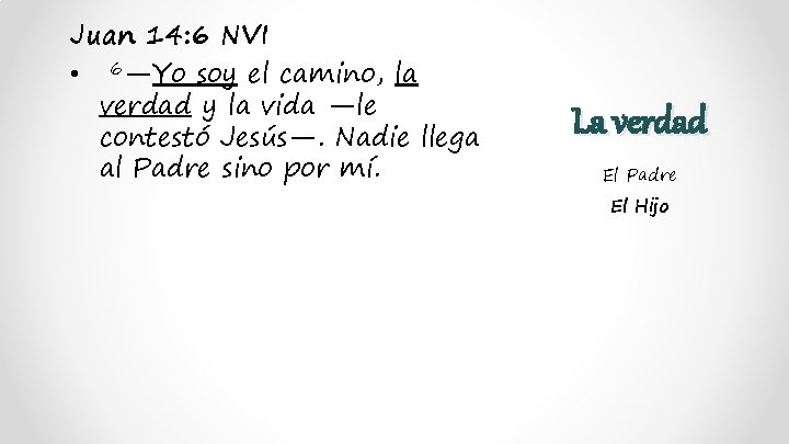 Juan 14: 6 NVI • 6—Yo soy el camino, la verdad y la vida