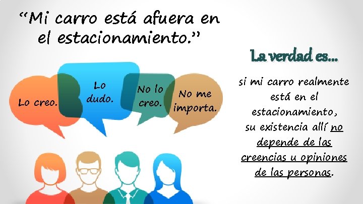“Mi carro está afuera en el estacionamiento. ” Lo creo. Lo dudo. No lo