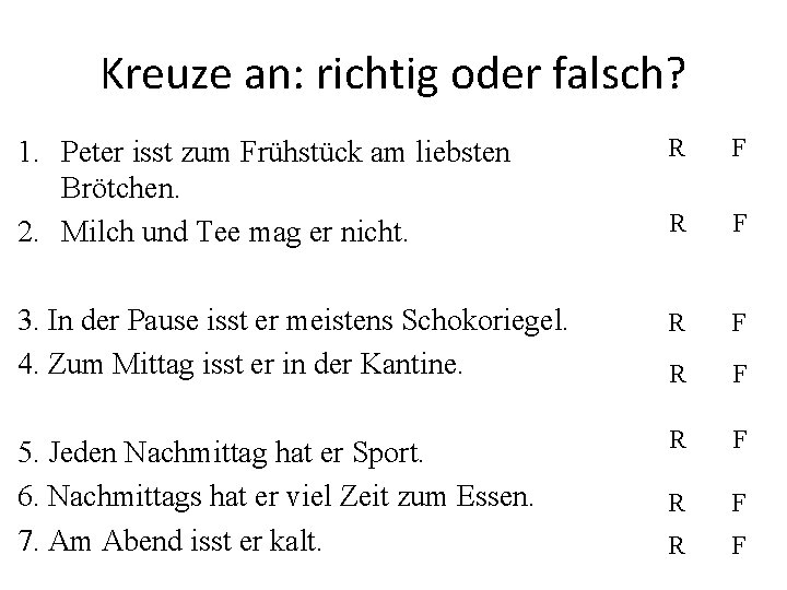 Kreuze an: richtig oder falsch? 1. Peter isst zum Frühstück am liebsten Brötchen. 2.