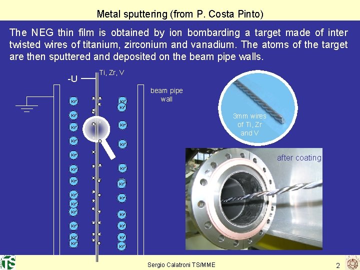 Metal sputtering (from P. Costa Pinto) The NEG thin film is obtained by ion