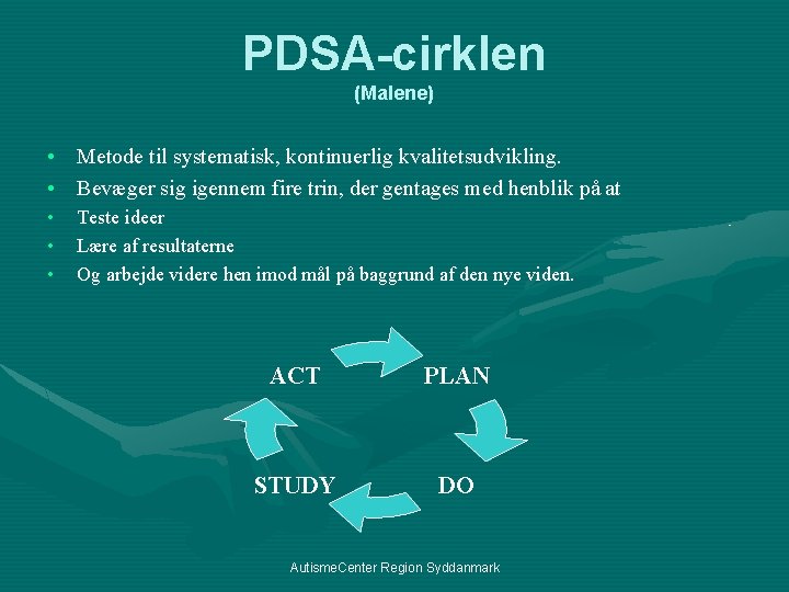 PDSA-cirklen (Malene) • Metode til systematisk, kontinuerlig kvalitetsudvikling. • Bevæger sig igennem fire trin,
