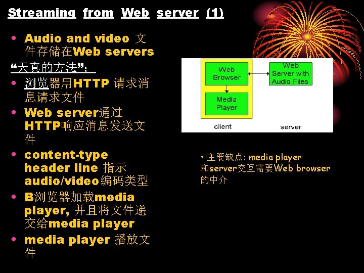 Streaming from Web server (1) • Audio and video 文 件存储在Web servers “天真的方法”： •