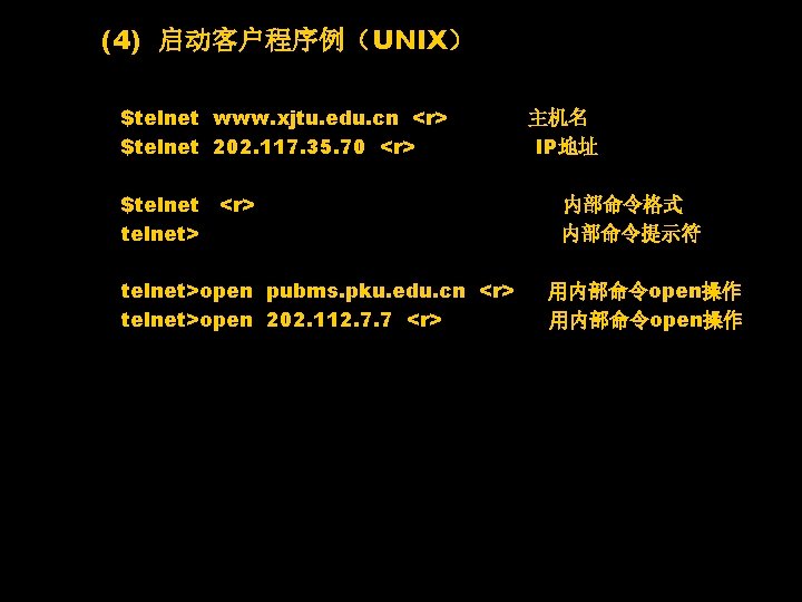 (4) 启动客户程序例（UNIX） $telnet www. xjtu. edu. cn <r> $telnet 202. 117. 35. 70 <r>