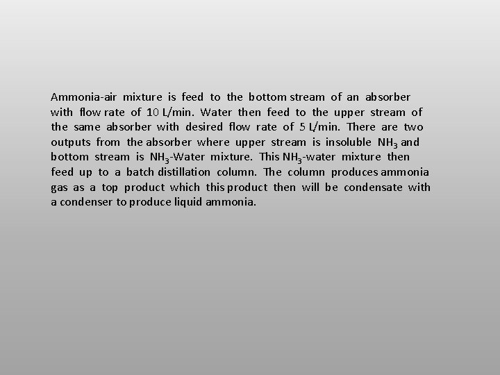 Ammonia-air mixture is feed to the bottom stream of an absorber with flow rate