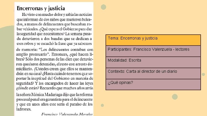 Tema: Encerronas y justicia Participantes: Francisco Valenzuela - lectores Modalidad: Escrita Contexto: Carta al