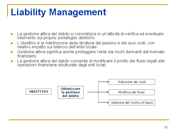 Liability Management n n La gestione attiva del debito si concretizza in un’attività di