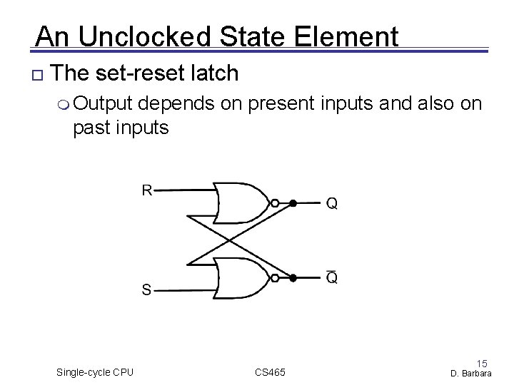 An Unclocked State Element The set-reset latch Output depends on present inputs and also An Unclocked State Element The set-reset latch Output depends on present inputs and also