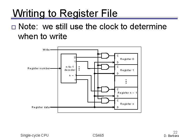 Writing to Register File Note: we still use the clock to determine when to Writing to Register File Note: we still use the clock to determine when to