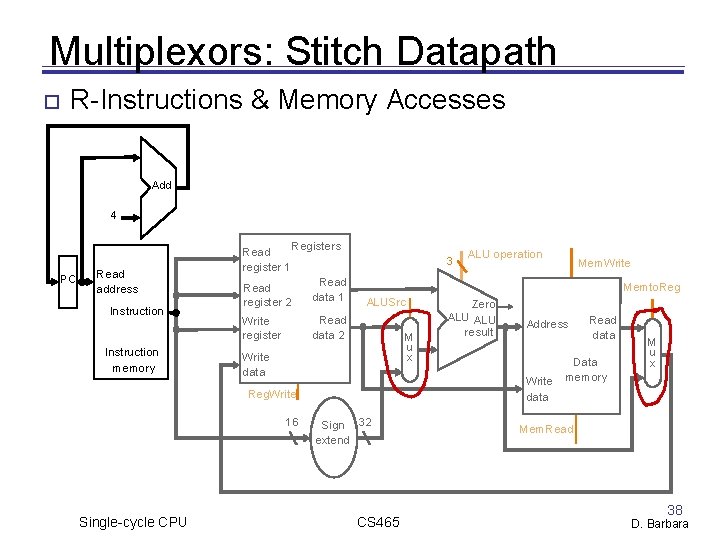 Multiplexors: Stitch Datapath R-Instructions & Memory Accesses Add 4 PC Read addres s Ins Multiplexors: Stitch Datapath R-Instructions & Memory Accesses Add 4 PC Read addres s Ins