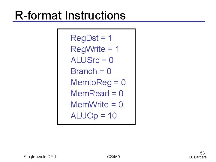 R-format Instructions Reg. Dst = 1 Reg. Write = 1 ALUSrc = 0 Branch R-format Instructions Reg. Dst = 1 Reg. Write = 1 ALUSrc = 0 Branch