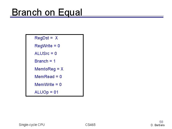 Branch on Equal Reg. Dst = X Reg. Write = 0 ALUSrc = 0 Branch on Equal Reg. Dst = X Reg. Write = 0 ALUSrc = 0