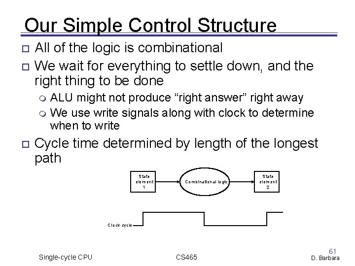Our Simple Control Structure All of the logic is combinational We wait for everything Our Simple Control Structure All of the logic is combinational We wait for everything