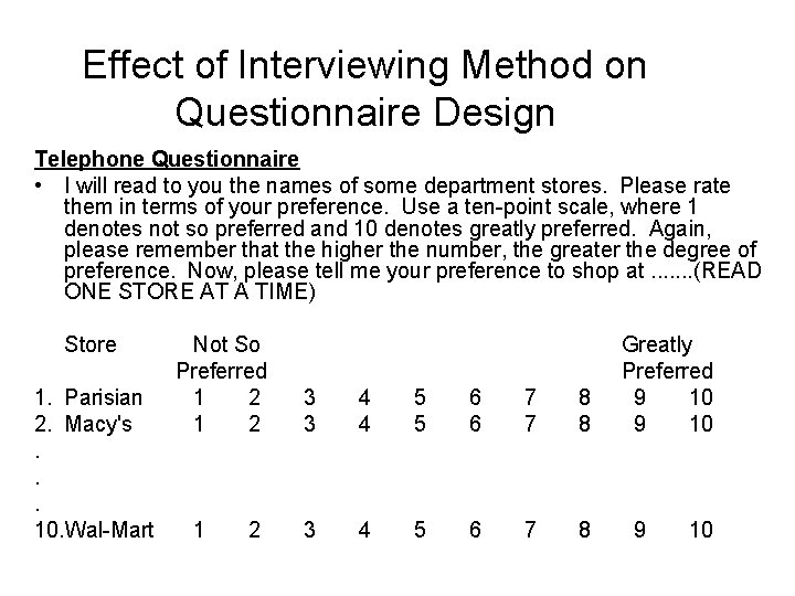 Effect of Interviewing Method on Questionnaire Design Telephone Questionnaire • I will read to