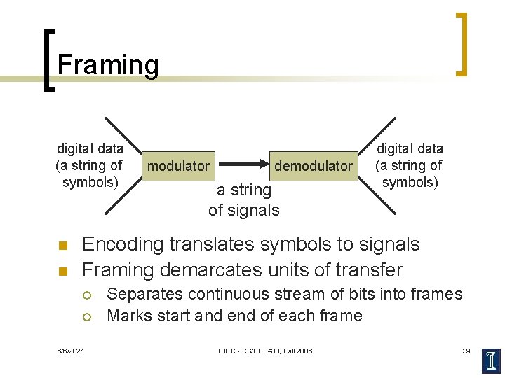 Framing digital data (a string of symbols) n n modulator demodulator a string of