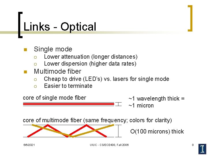 Links - Optical n Single mode ¡ ¡ n Lower attenuation (longer distances) Lower