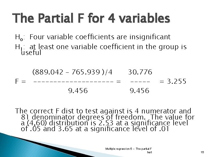 The Partial F for 4 variables Ho: Four variable coefficients are insignificant H 1:
