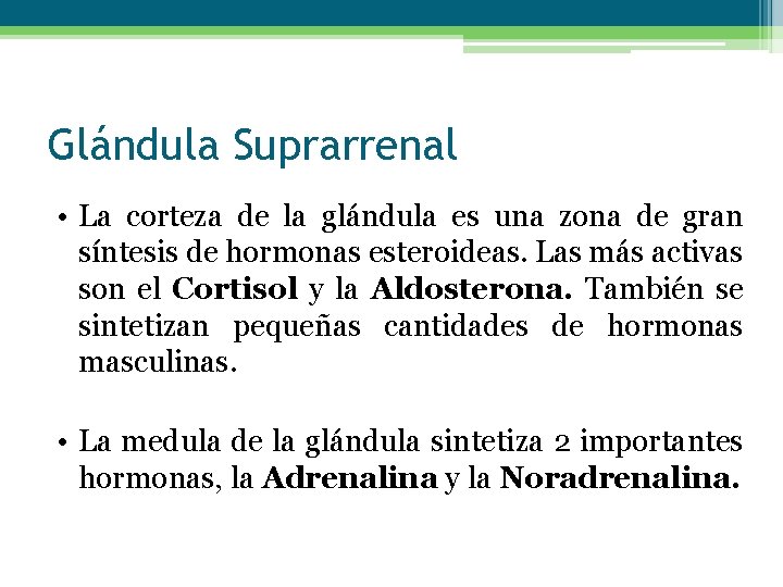 Glándula Suprarrenal • La corteza de la glándula es una zona de gran síntesis