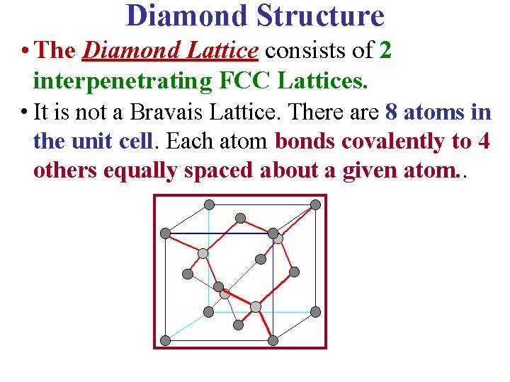 Diamond Structure • The Diamond Lattice consists of 2 interpenetrating FCC Lattices. • It Diamond Structure • The Diamond Lattice consists of 2 interpenetrating FCC Lattices. • It