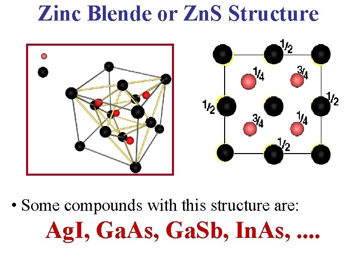 Zinc Blende or Zn. S Structure • Some compounds with this structure are: Ag. Zinc Blende or Zn. S Structure • Some compounds with this structure are: Ag.