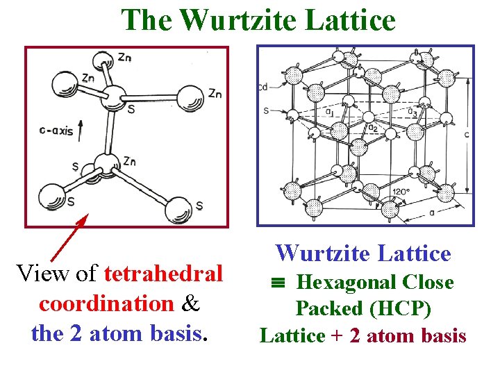 The Wurtzite Lattice View of tetrahedral coordination & the 2 atom basis. Wurtzite Lattice The Wurtzite Lattice View of tetrahedral coordination & the 2 atom basis. Wurtzite Lattice