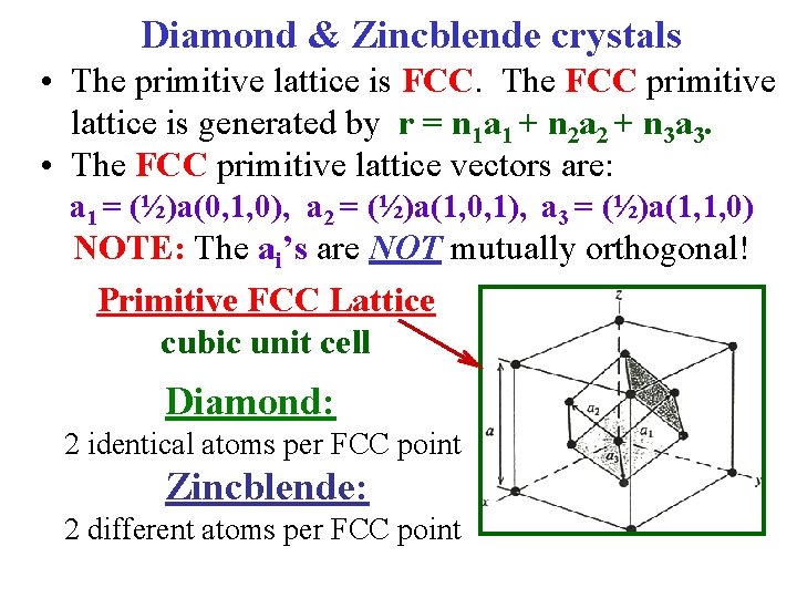 Diamond & Zincblende crystals • The primitive lattice is FCC. The FCC primitive lattice Diamond & Zincblende crystals • The primitive lattice is FCC. The FCC primitive lattice