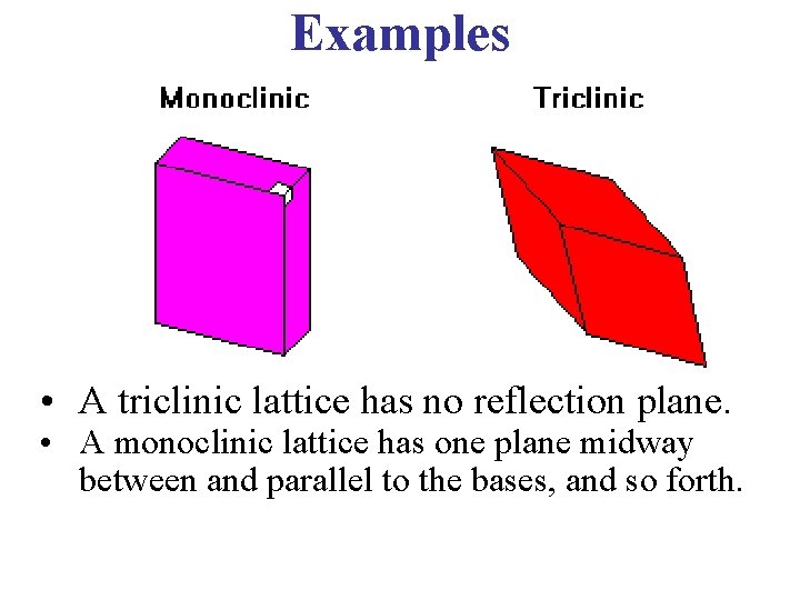 Examples • A triclinic lattice has no reflection plane. • A monoclinic lattice has Examples • A triclinic lattice has no reflection plane. • A monoclinic lattice has