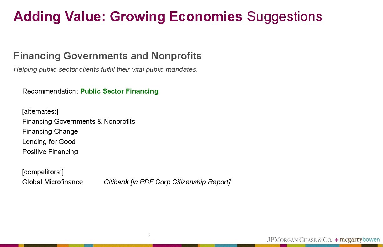 Adding Value: Growing Economies Suggestions Financing Governments and Nonprofits Helping public sector clients fulfill