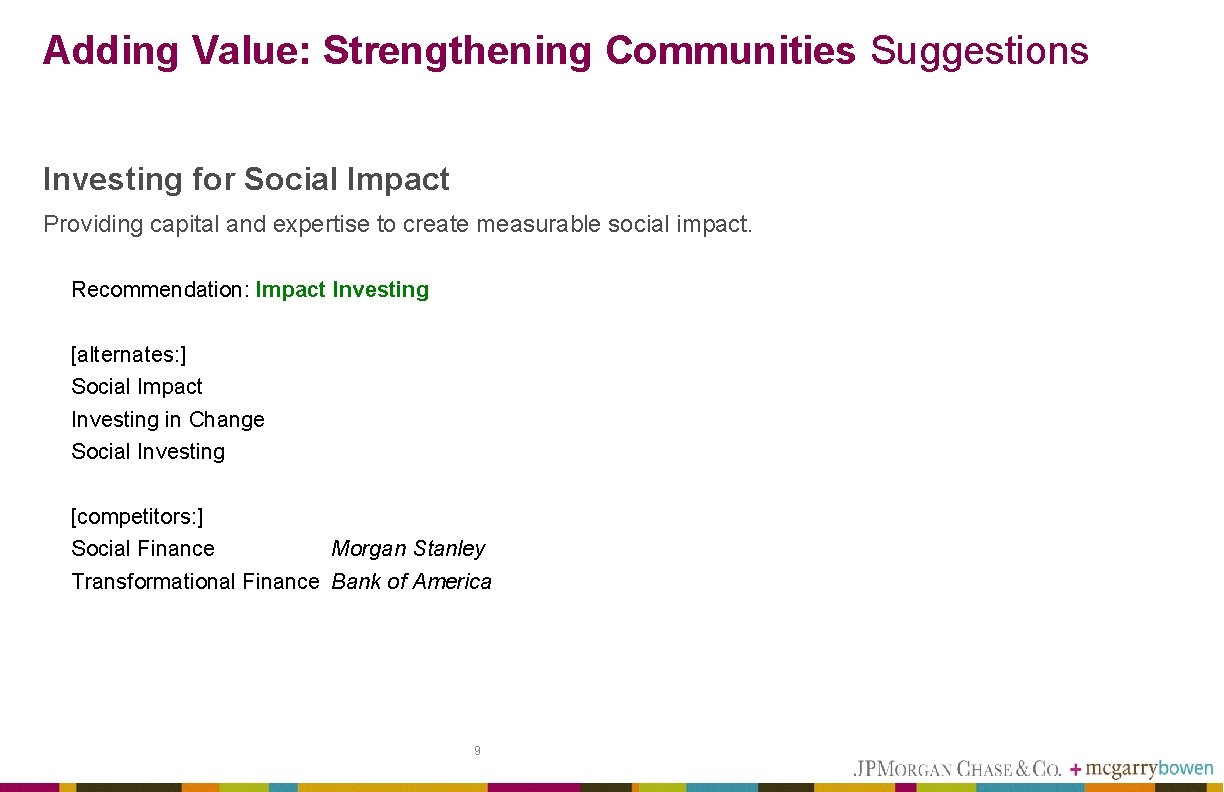 Adding Value: Strengthening Communities Suggestions Investing for Social Impact Providing capital and expertise to