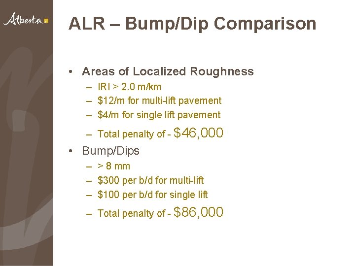 ALR – Bump/Dip Comparison • Areas of Localized Roughness – IRI > 2. 0