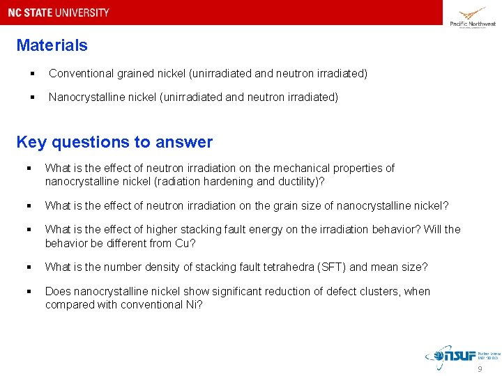 Materials § Conventional grained nickel (unirradiated and neutron irradiated) § Nanocrystalline nickel (unirradiated and Materials § Conventional grained nickel (unirradiated and neutron irradiated) § Nanocrystalline nickel (unirradiated and
