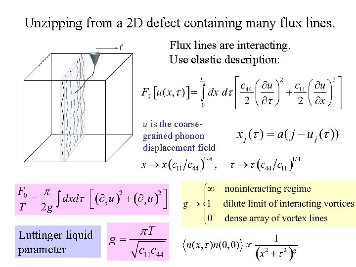 Unzipping from a 2 D defect containing many flux lines. Flux lines are interacting.