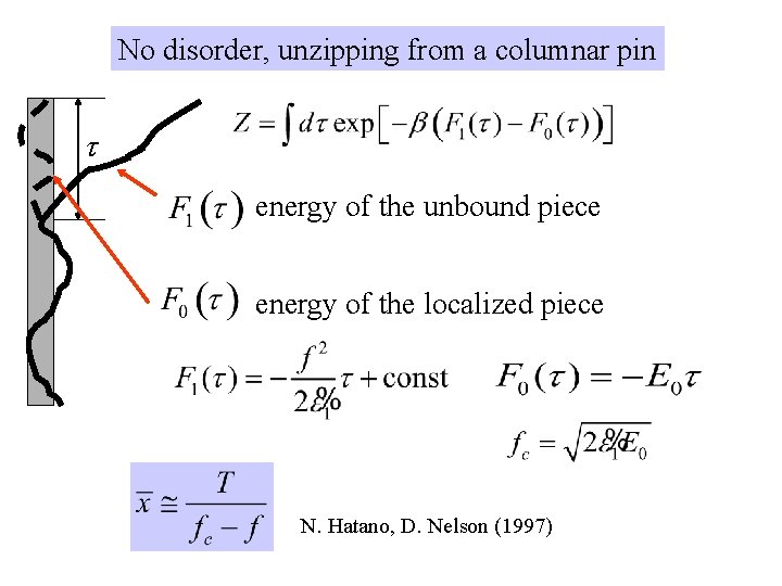 No disorder, unzipping from a columnar pin energy of the unbound piece energy of