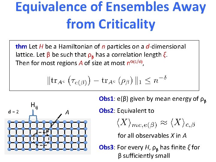 Equivalence of Ensembles Away from Criticality thm Let H be a Hamiltonian of n