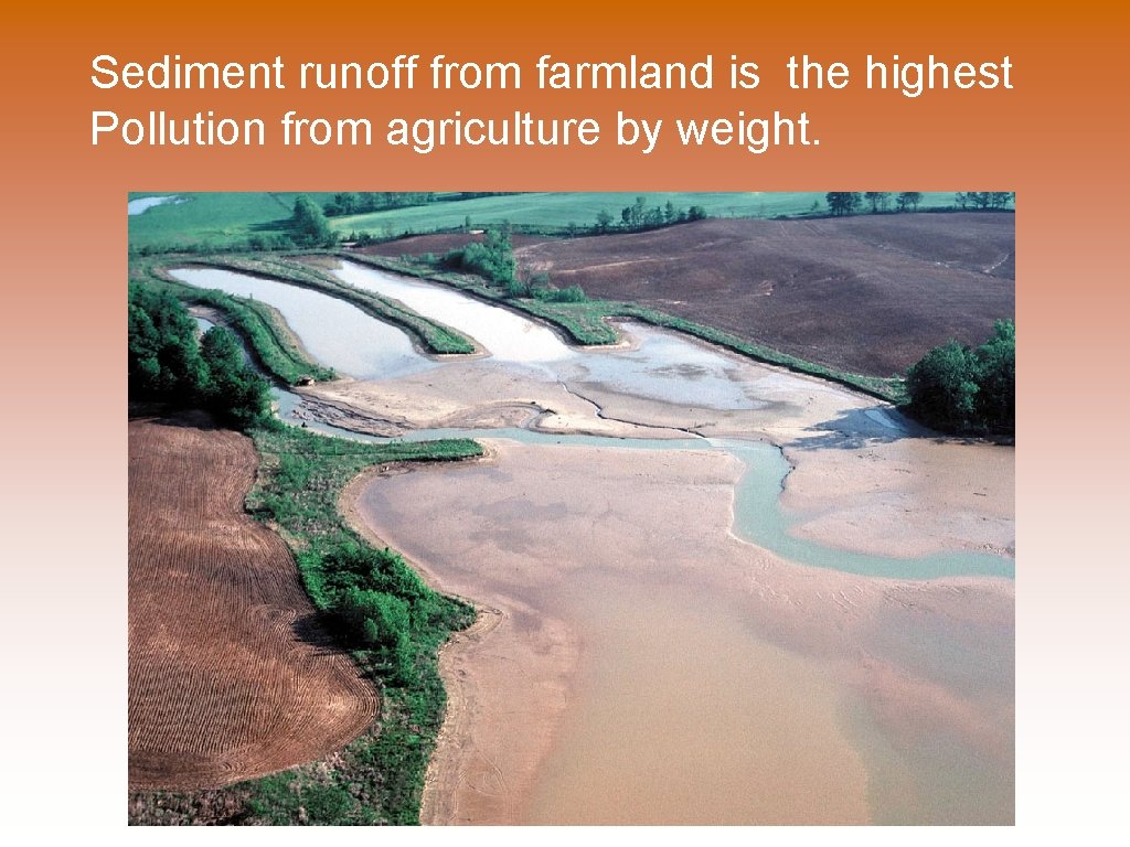 Sediment runoff from farmland is the highest Pollution from agriculture by weight. 