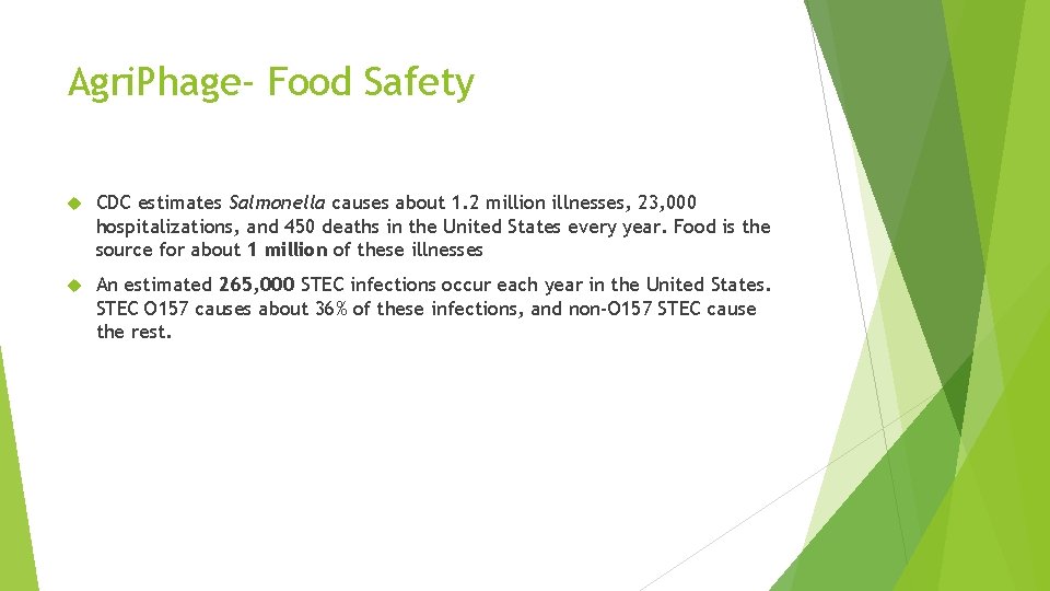 Agri. Phage- Food Safety CDC estimates Salmonella causes about 1. 2 million illnesses, 23,