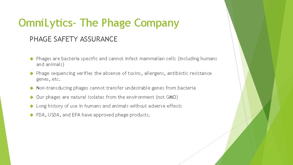 Omni. Lytics- The Phage Company PHAGE SAFETY ASSURANCE Phages are bacteria specific and cannot