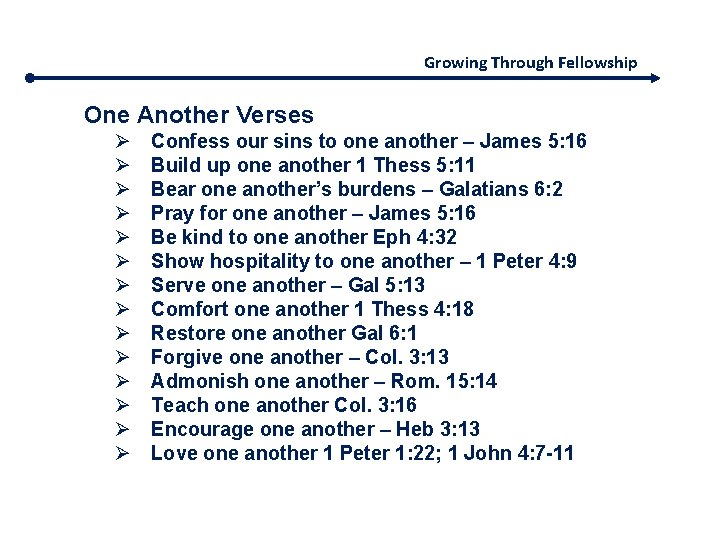 Growing Through Fellowship One Another Verses Ø Ø Ø Ø Confess our sins to