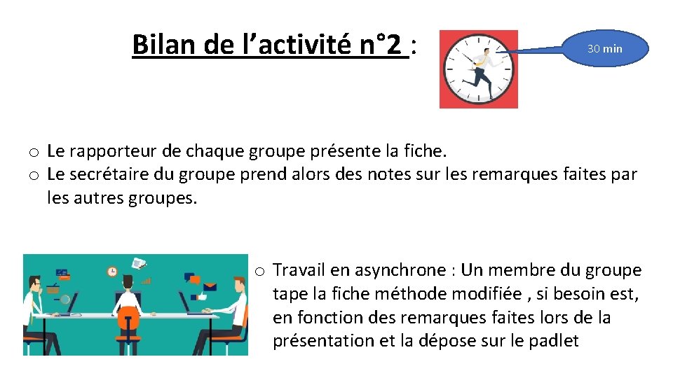 Bilan de l’activité n° 2 : 30 min o Le rapporteur de chaque groupe