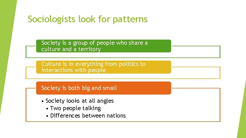 Sociologists look for patterns Society is a group of people who share a culture Sociologists look for patterns Society is a group of people who share a culture