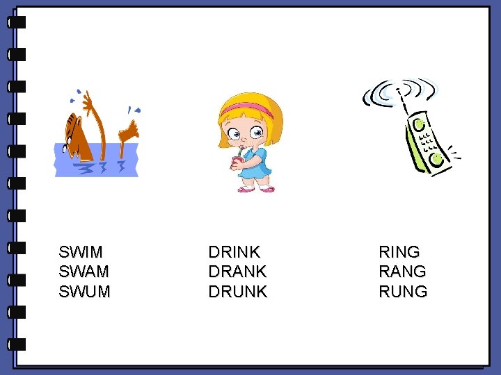 SWIM SWAM SWUM DRINK DRANK DRUNK RING RANG RUNG 