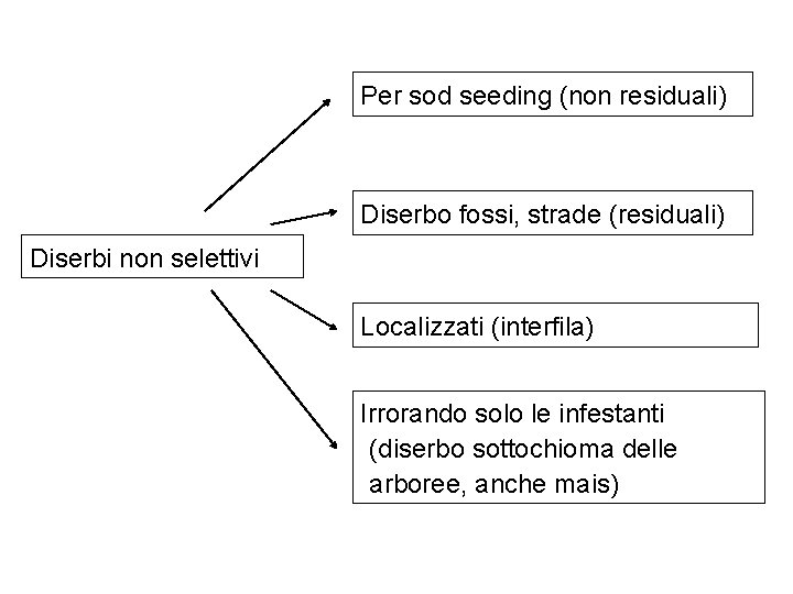 Per sod seeding (non residuali) Diserbo fossi, strade (residuali) Diserbi non selettivi Localizzati (interfila)