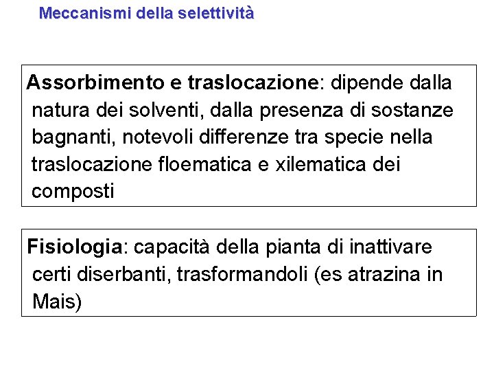 Meccanismi della selettività Assorbimento e traslocazione: dipende dalla natura dei solventi, dalla presenza di Meccanismi della selettività Assorbimento e traslocazione: dipende dalla natura dei solventi, dalla presenza di